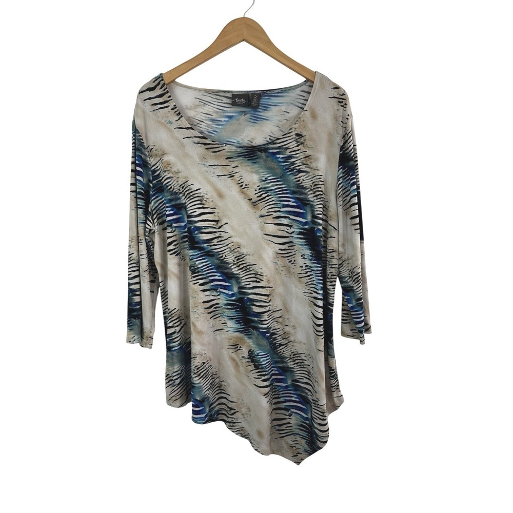 Travelers by Chico's Top‎ Size 2 US L Beige Blue Asymmetric Liquid Knit Stretch